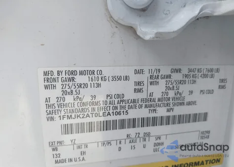 2020 Ford Expedition Limited Max z USA, uszkodzony, nr VIN 1FMJK2AT0LEA10615